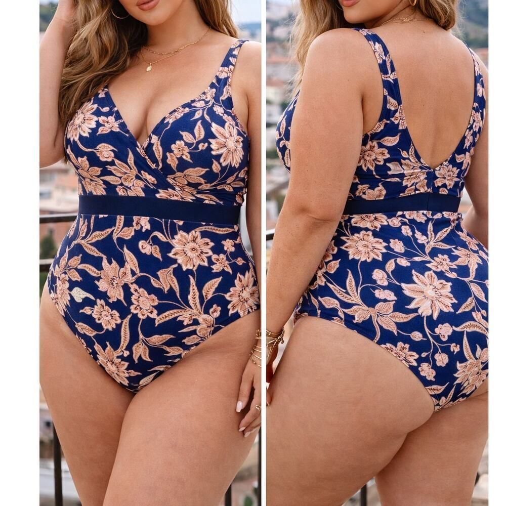 Cupshe Elegant Plus Size 3X Floral One Piece Swimsuit Blue V Neck Tummy Control - Picture 1 of 7